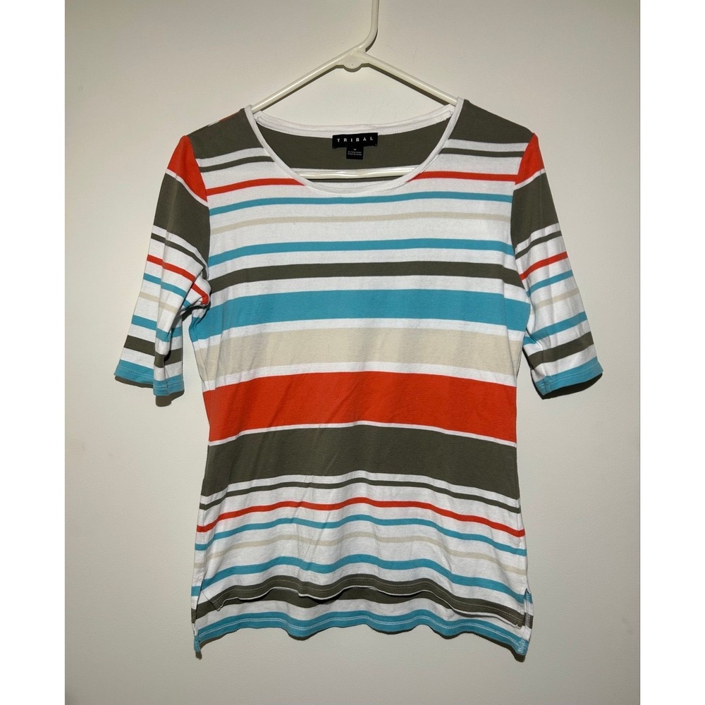 Tribal Multicolor Stripe Top Tee Shirt Cotton Pullover Short Sleeve Women's M